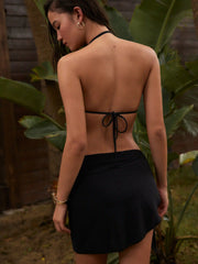 Textured Halter Neckline Metal Detail Bikini Set With Sarong