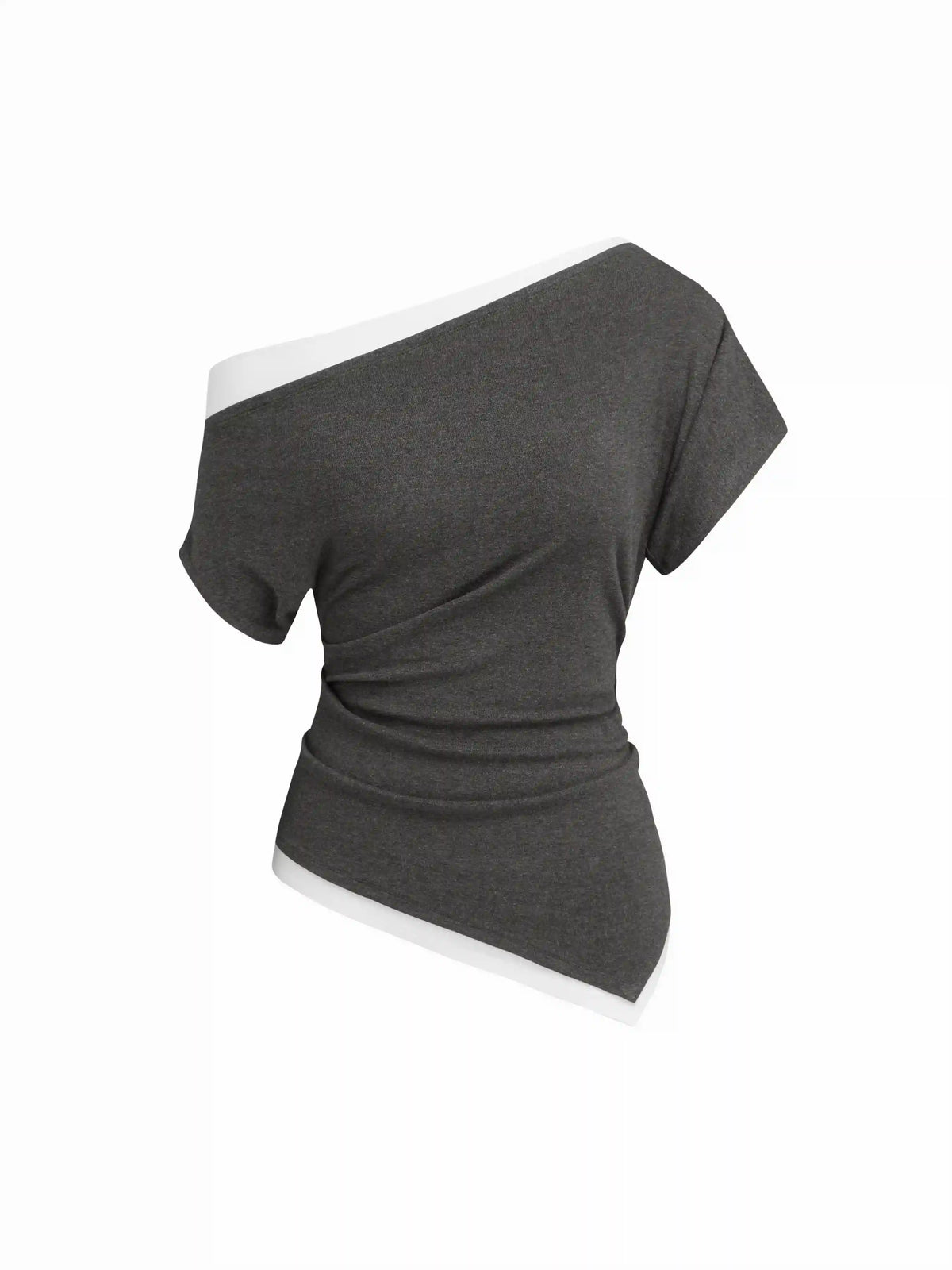 Asymmetrical Neck Two Tone Ruched Short Sleeve Top