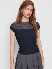 Knit Round Neckline Lettuce Trim Short Sleeve Top
