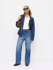 Denim Collar Long Sleeve Curved Hem Oversized Blouse