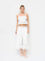 Cotton Square Neck Floral Lace Panel Button Ruffled Cami Top