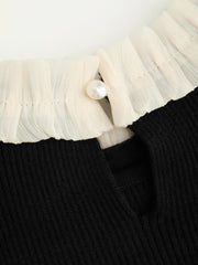 Knit Stand Collar Long Sleeve Colorblock Ruffle Trim Top