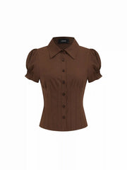 Cotton-blend Collar Puff Sleeve Ruched Blouse