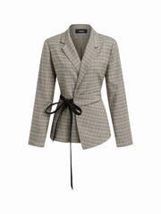 Houndstooth Notched Collar Tie Side Bowknot Asymmetrical Hem Blazer