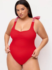 Shaping Red Bow Tie Textured One-piece Swimsuit Curve & Plus
