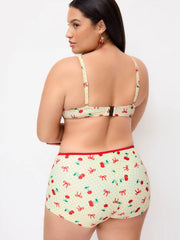 Fruit Graphic Sweetheart Contrasting Binding Underwire Top & Mid Rise Shorts Bikini Set Curve & Plus