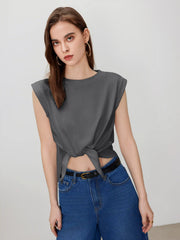 Solid Round Neckline Twist Short Sleeve Crop Top