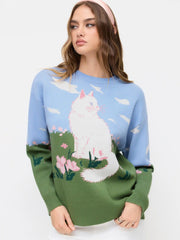 Knit Jacquard Cat & Flower Graphic Round Neckline Oversized Top