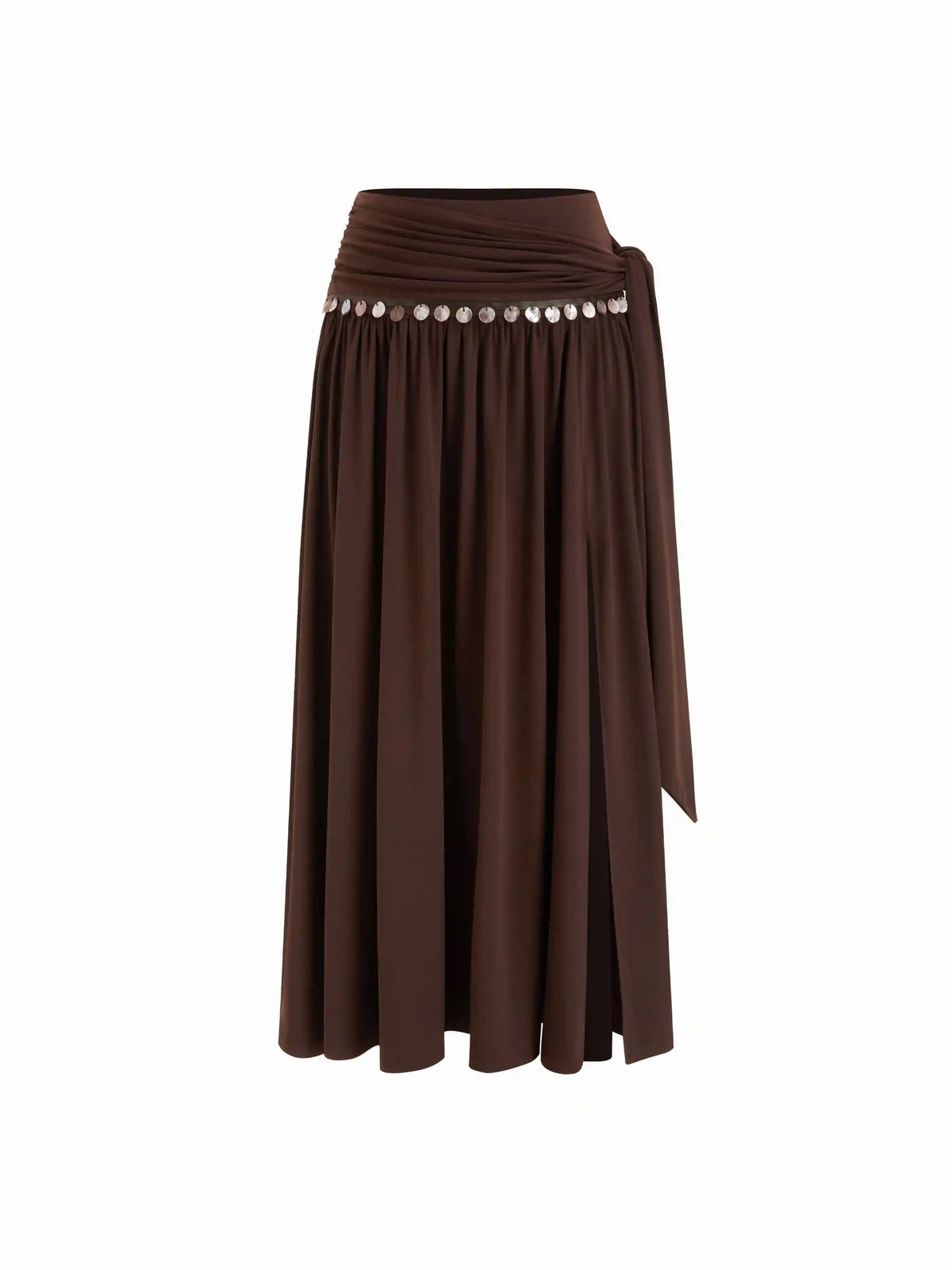 Mid Rise Wrap Metal Detail Split Flared Maxi Skirt