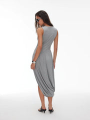Viscose Blend V-neck Draped Bubble Hem Cocoon Midi Dress
