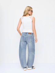 Denim Low Rise Ripped Barrel-leg Cropped Oversized Jeans