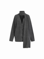 Knit Wool-blend V-neck Long Sleeve Button Oversized Cardigan With Scarf