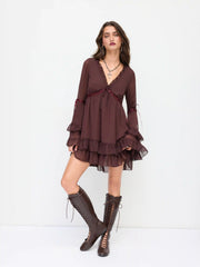 Chiffon V-neck Lettuce Trim Bowknot Ruffle Mini Dress
