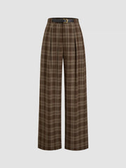 Mid Rise Checks Pocket Wide Leg Trousers With Belt