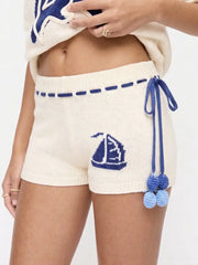 Knit Mid Rise Sailboat Graphic Embroidery Pom Pom Detail Micro Shorts