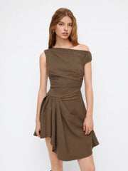 Asymmetrical Neck Check Ruched Pleated Tie Back Mini Dress