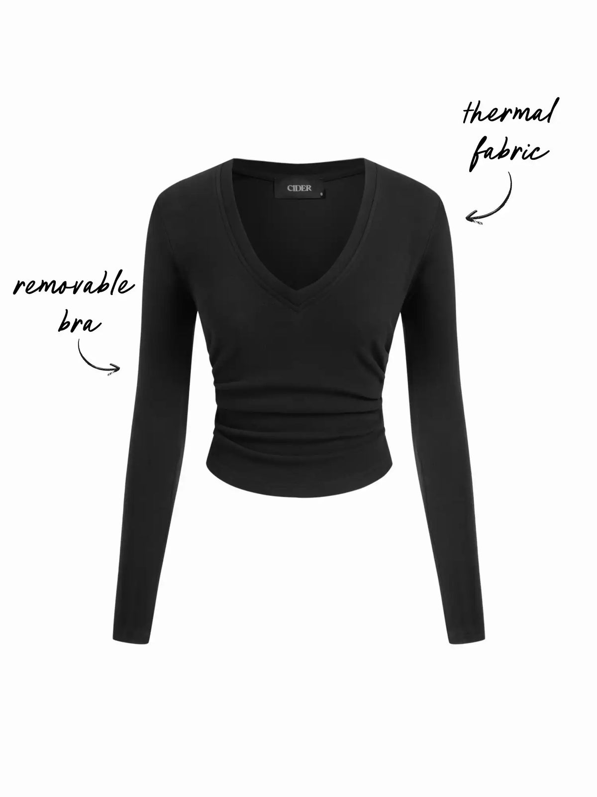 Thermal Cotton-blend V-neck Ruched Cinched Waist Long Sleeve Tee With Removable Bra