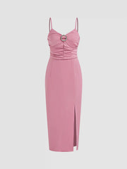Solid Rhinestone Ring Slit Cami Dress