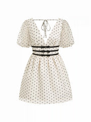 Mesh V-neck Puff Sleeve Polka Dot A-line Mini Dress