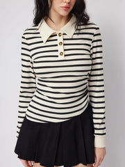 Cotton-blend Stripe Collar Long Sleeve Asymmetrical Hem Ruched Top