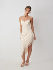 Satin V-neck Lace Backless Asymmetrical Hem Maxi Dress