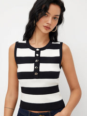 Knit Round Neckline Stripe Metal Button Tank Top