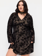 Mesh V-neck Floral Bow Long Sleeve Mini Dress Curve & Plus