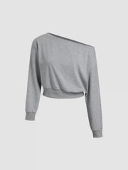 Terry Asymmetrical Neck Solid Long Sleeve Crop Top & Mid Rise Elastic Waist Knotted Wide Leg Trousers Set