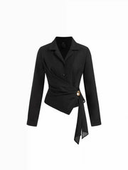 Collar Wrap Metal Detail Ruched Long Sleeve Shirt