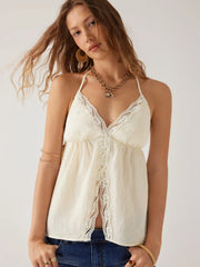 Halter Neckline Lace Trim Split Cami Blouse