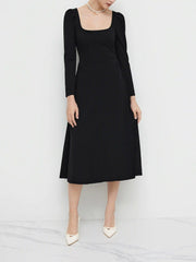Square Neck Solid Ruffle Zipper Long Sleeve Midi Dress