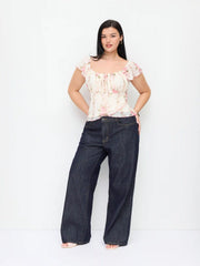 Chiffon Floral Square Neck Twist Knotted Ruffle Sleeve Crop Top Curve & Plus