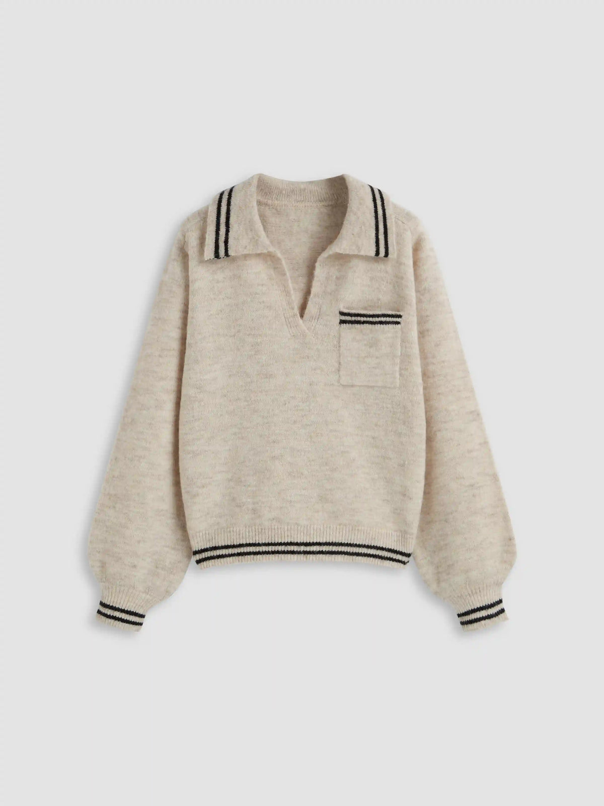 Wool-blend Collar Striped Trim Oversized Sweater