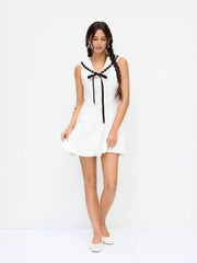 Cotton Broderie Anglaise Contrast Bowknot Flared Mini Dress