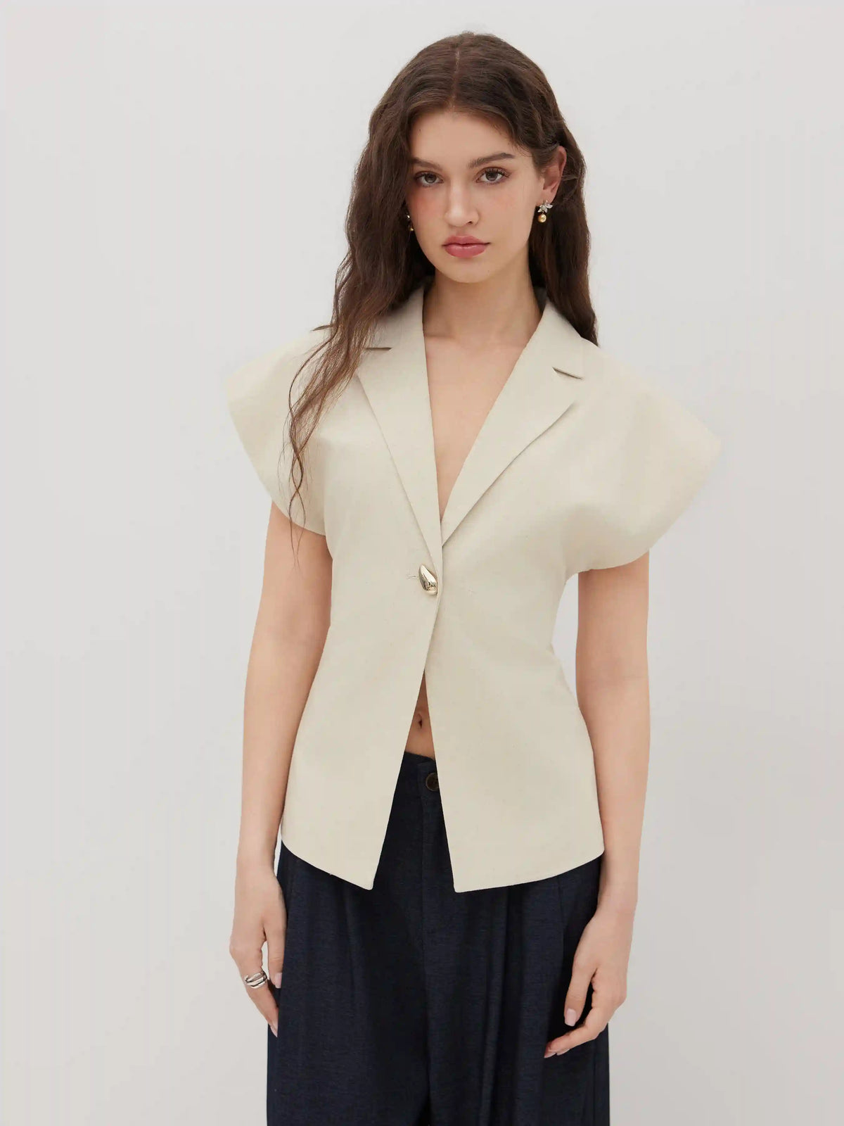 Linen-blend V-neck Dolman Sleeve Blazer Vest