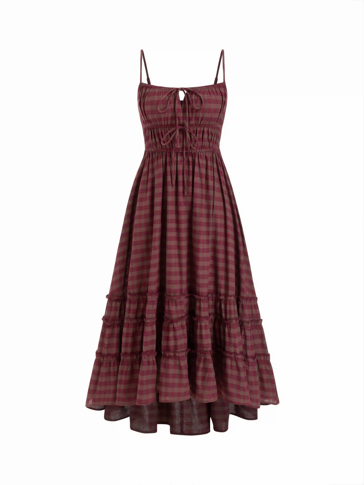 Cotton-blend Square Neck Plaid Lettuce Trim Tie Front Asymmetrical Hem Maxi Dress