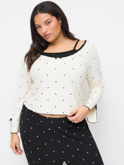Round Neckline Polka Dot Bowknot Top & Mid Rise Lettuce Trim Straight Leg Trousers Loungewear Set Curve & Plus