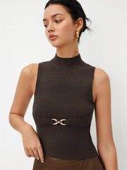Knit Stand Collar Metal Detail Top