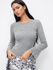 Knit Round Neck Rhinestone Fringed Bell Sleeve Top