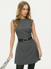 Striped Round Neckline Ruched Tie Back A-line Mini Dress