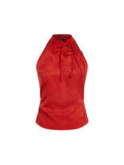 Satin Floral Jacquard Halter Neck Bowknot Cut Out Blouse