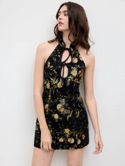 Jacquard Halter Neckline Floral Cut Out Tie Front Mini Dress