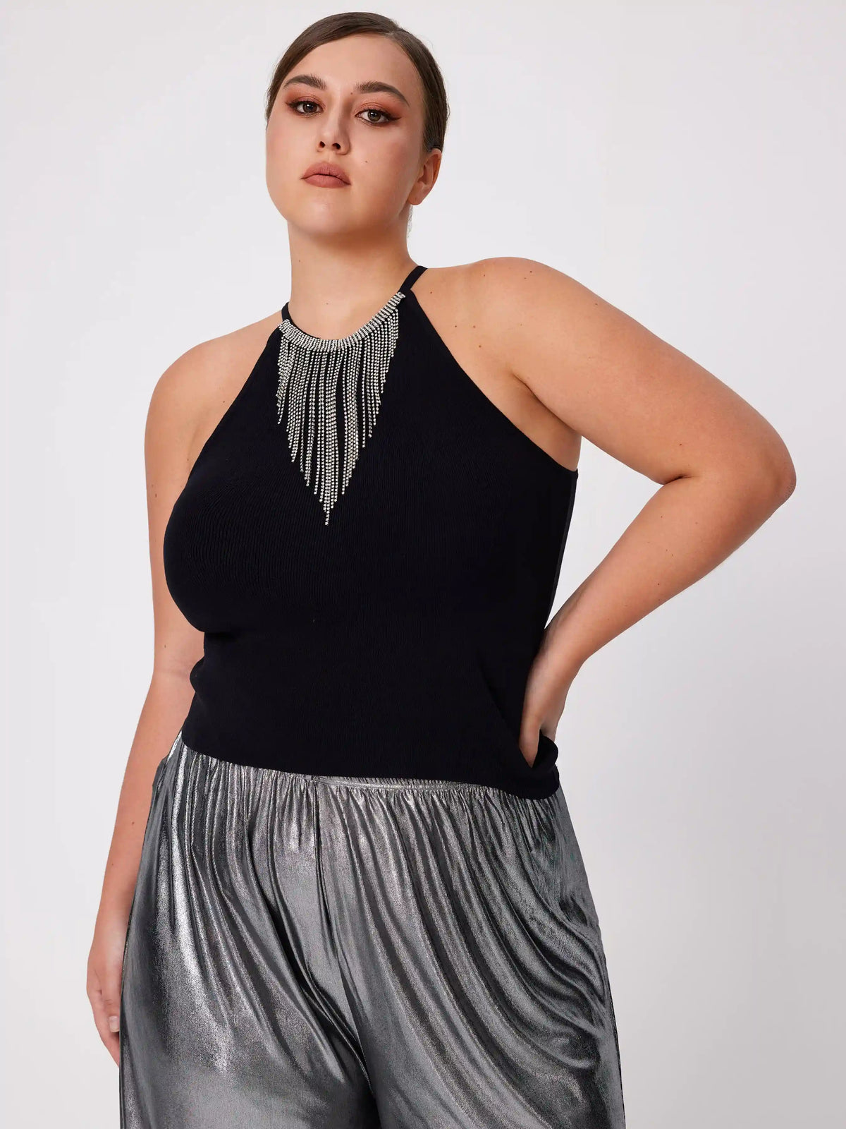 Round Neckline Sequin Tassel Detail Solid Crop Top Curve & Plus