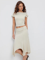 Ruffled Sleeve Backless Crop Top & Low Rise Asymmetrical Hem Skirt Set
