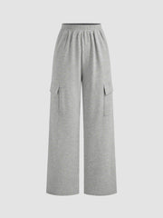 Cotton-blend Mid Elastic Waist Solid Wide Leg Trousers