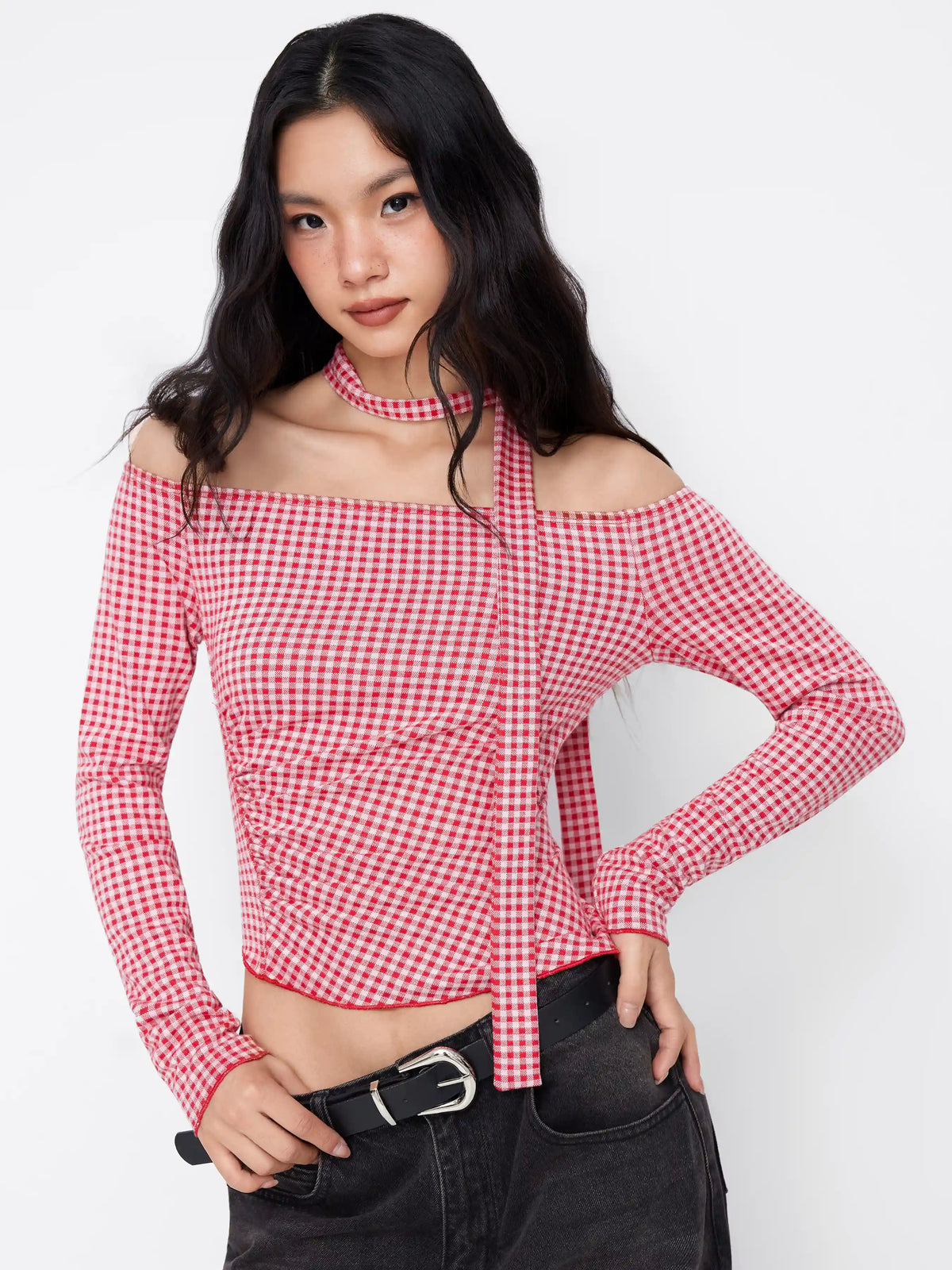 Gingham Off-shoulder Long Sleeve Ruched Asymmetrical Hem Top With Scarf