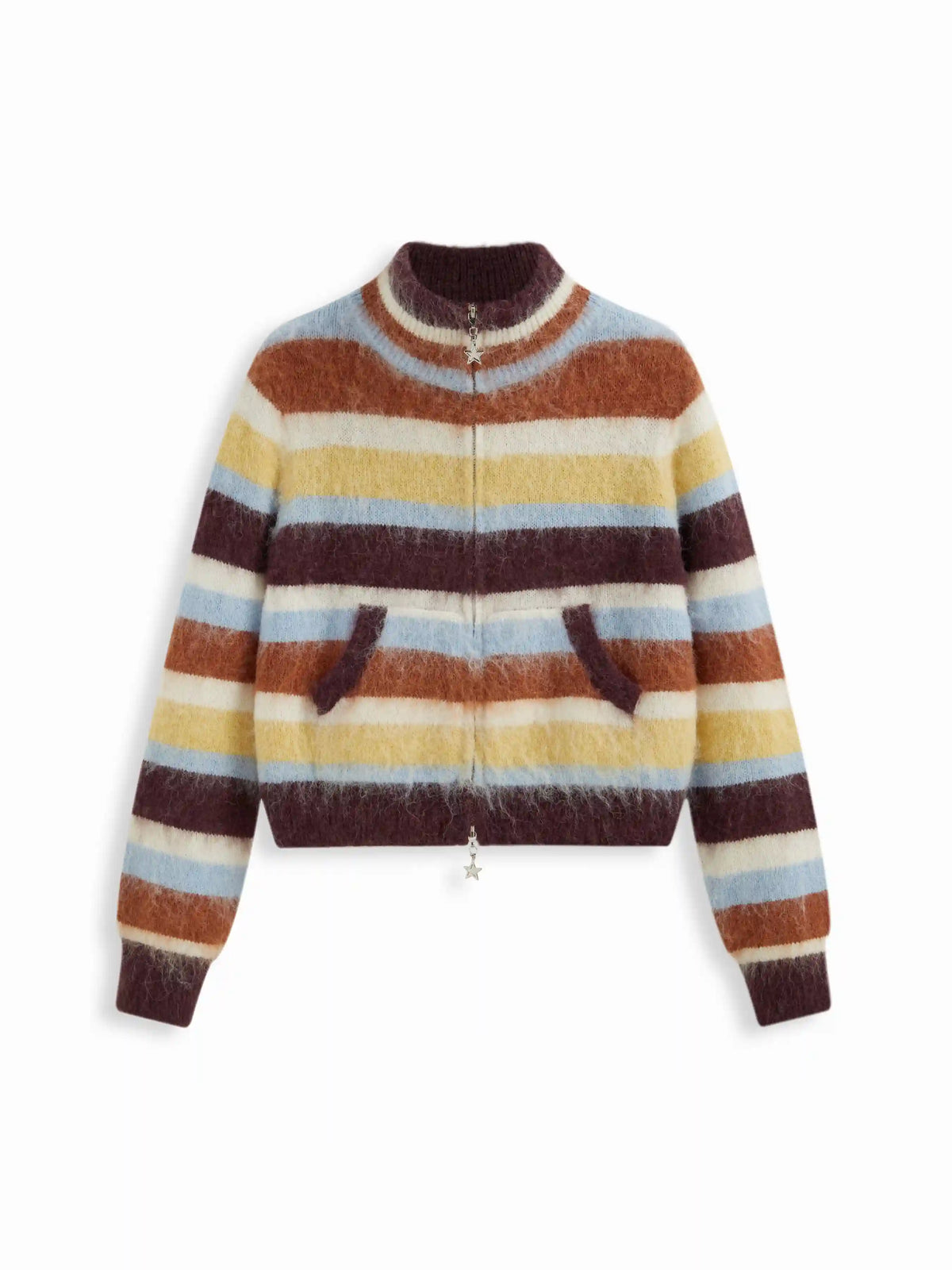 Knit Mohair-blend Stand Collar Striped Zip Through Cardigan