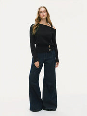 Knit Asymmetrical Neck Long Sleeve Metal Button Top