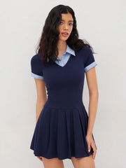 Cotton Collar Stripe Pleated Two Tone Mini Dress