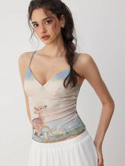 Deer Graphic V-neck Lettuce Trim Cami Top
